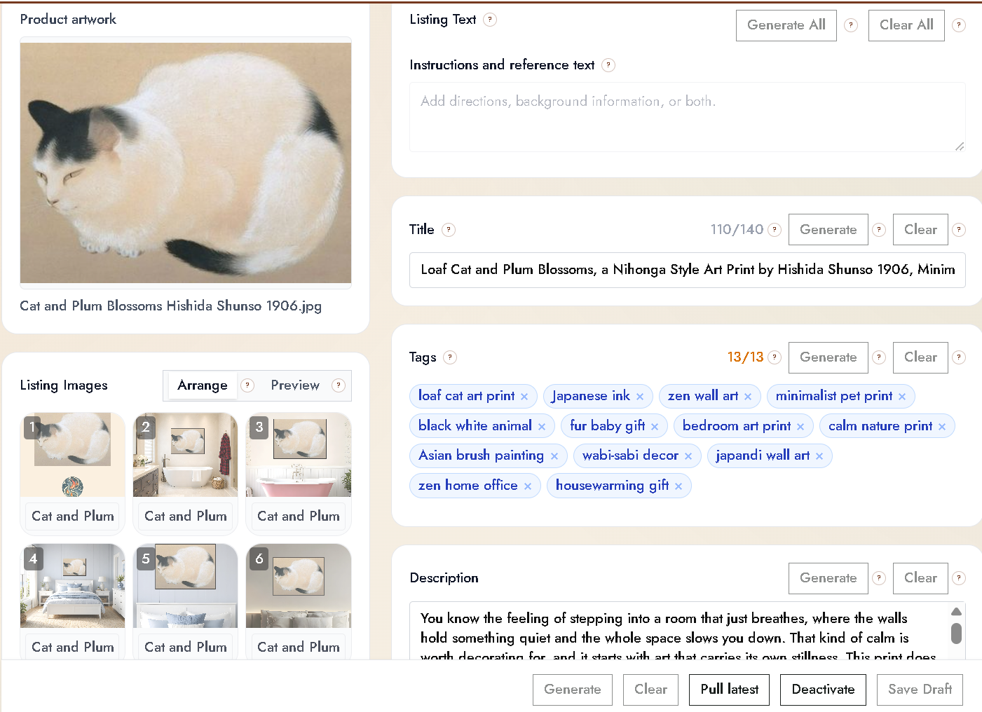 Check the Etsy draft, upload a video, and push the listing to Etsy